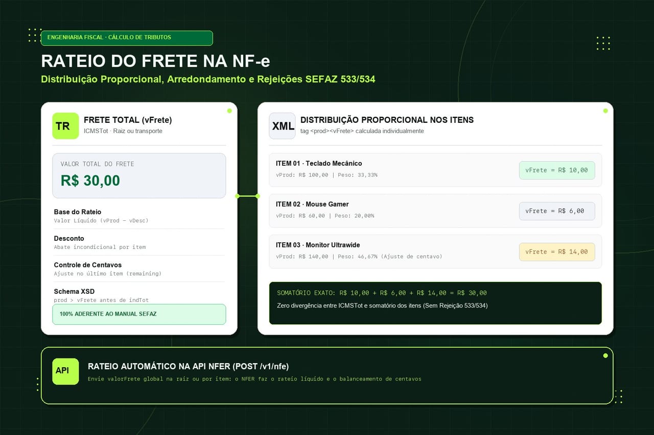 Como é Feito o Rateio do Frete na NF-e? Fórmula, Exemplo Prático e Como Evitar a Rejeição 533