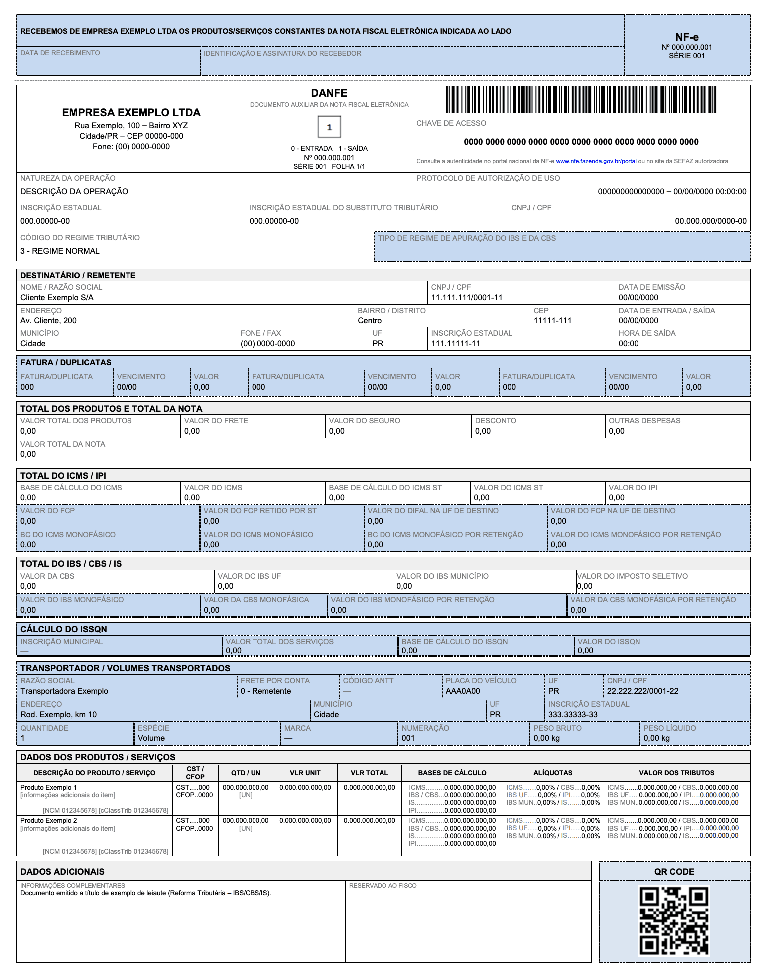 Novo layout do DANFE NF-e modelo 55 com campos de IBS e CBS da Nota Técnica 2026.010